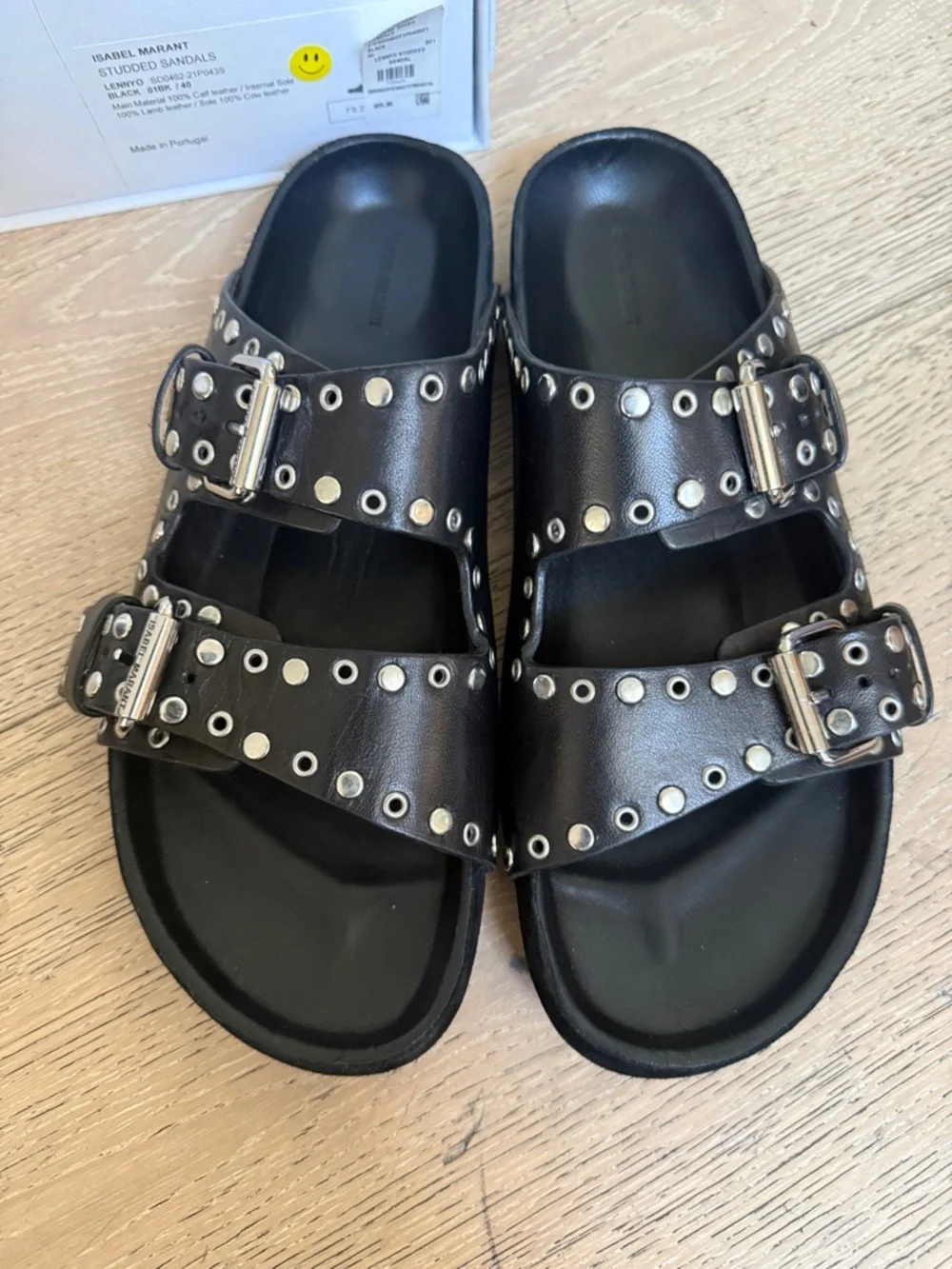 Isabel Marant Black Leather Studded Double-Buckle Slide Sandals - Picture 3 of 6